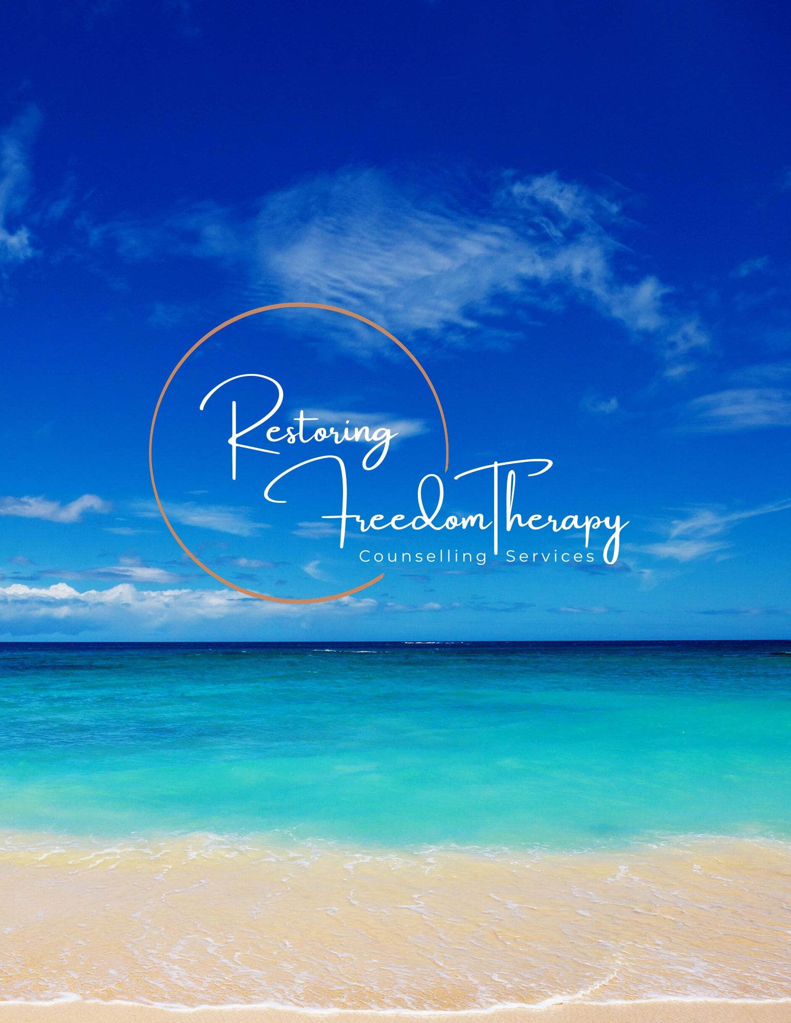 Turquoise ocean under a blue sky, with the Restoring Freedom Therapy Counselling Services logo